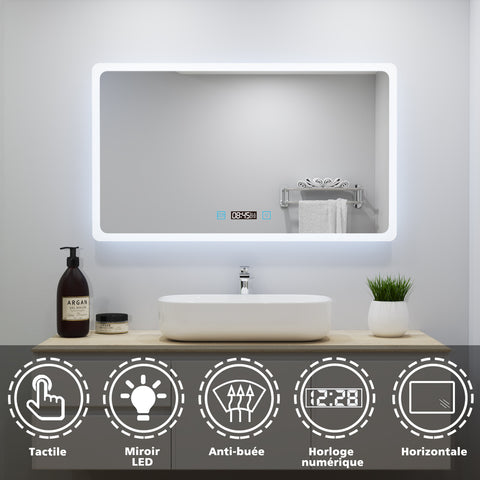 Ocean Miroir salle de bain LED avec éclairag + miroir mural cosmétique lumineux + anti-buée + Horloge numérique et date +Horzontal