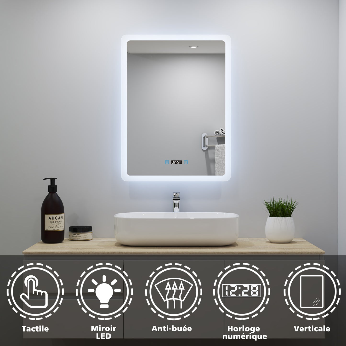 Ocean Miroir salle de bain LED avec éclairag + miroir mural cosmétique lumineux + anti-buée + Horloge numérique et date + Vertical
