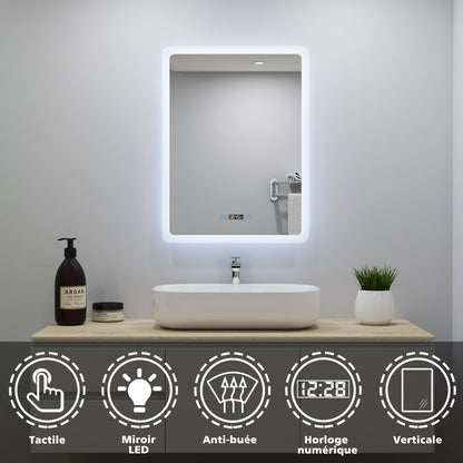Ocean Miroir salle de bain LED avec éclairag + miroir mural cosmétique lumineux + anti-buée + Horloge numérique et date + Vertical