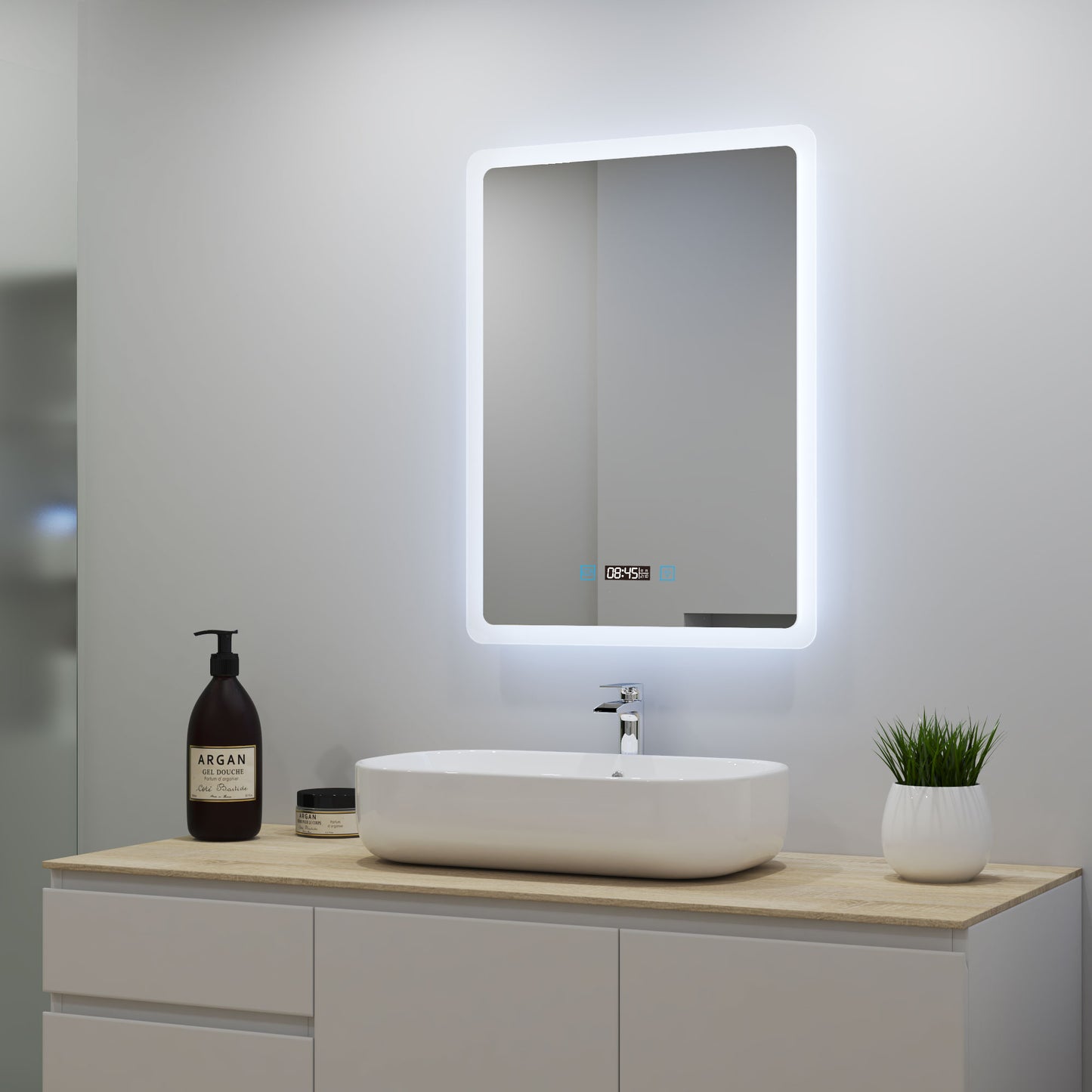 Ocean Miroir salle de bain LED avec éclairag + miroir mural cosmétique lumineux + anti-buée + Horloge numérique et date + Vertical
