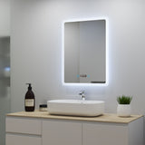 Ocean Miroir salle de bain LED avec éclairag + miroir mural cosmétique lumineux + anti-buée + Horloge numérique et date + Vertical