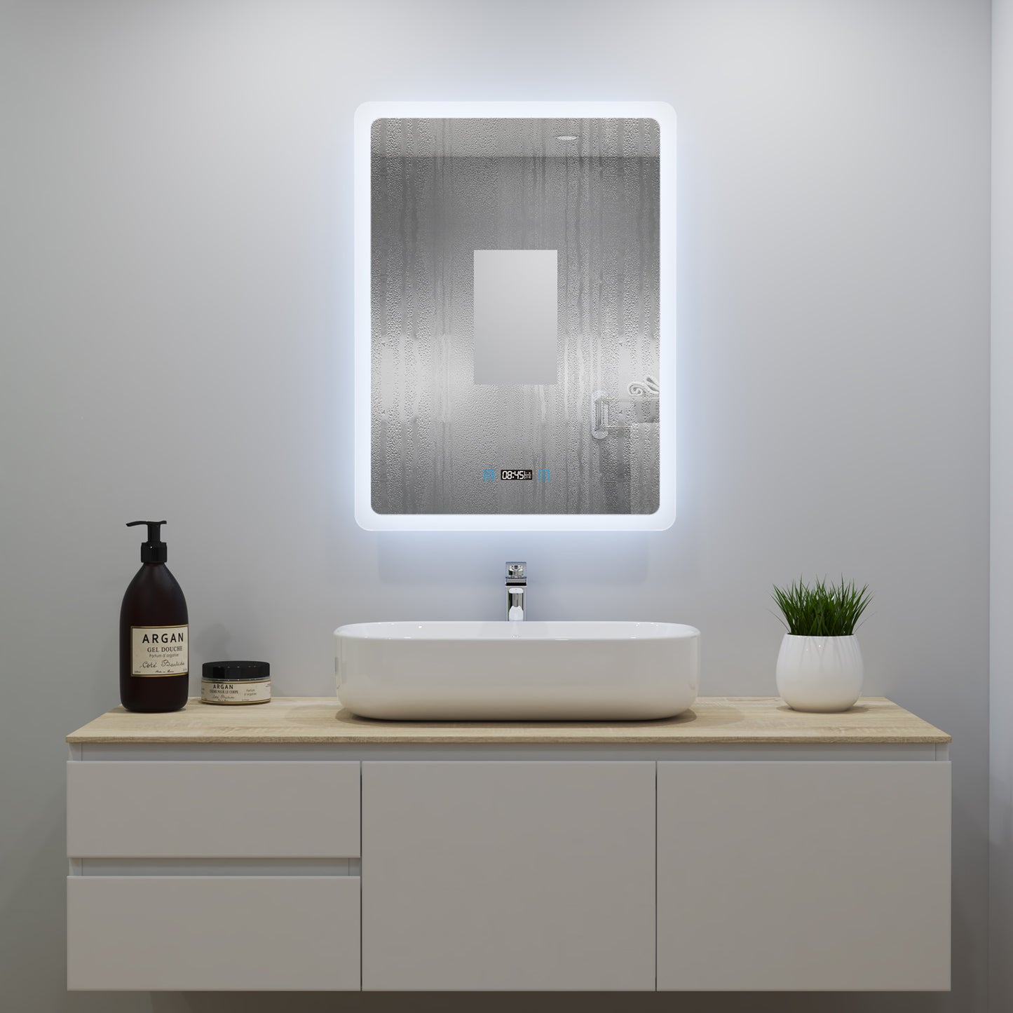Ocean Miroir salle de bain LED avec éclairag + miroir mural cosmétique lumineux + anti-buée + Horloge numérique et date + Vertical