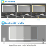 Miroir tactile Bluetooth simple tricolore avec antibuée suspendu horizontalement 70/80/100/120/140/160cm