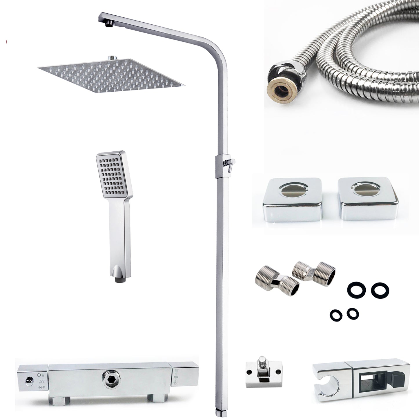 Colonne de douche thermostatique exposé salle de bain tête double grand ensemble de barre carrée Chrome