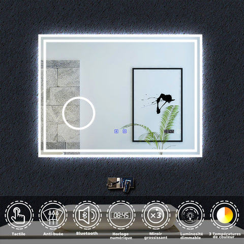Miroir Bluetooth simple  tactile tricolore avec antibuée, horloge et miroir grossissant 3X, suspendu horizontalement 80/100/120/140/160CM