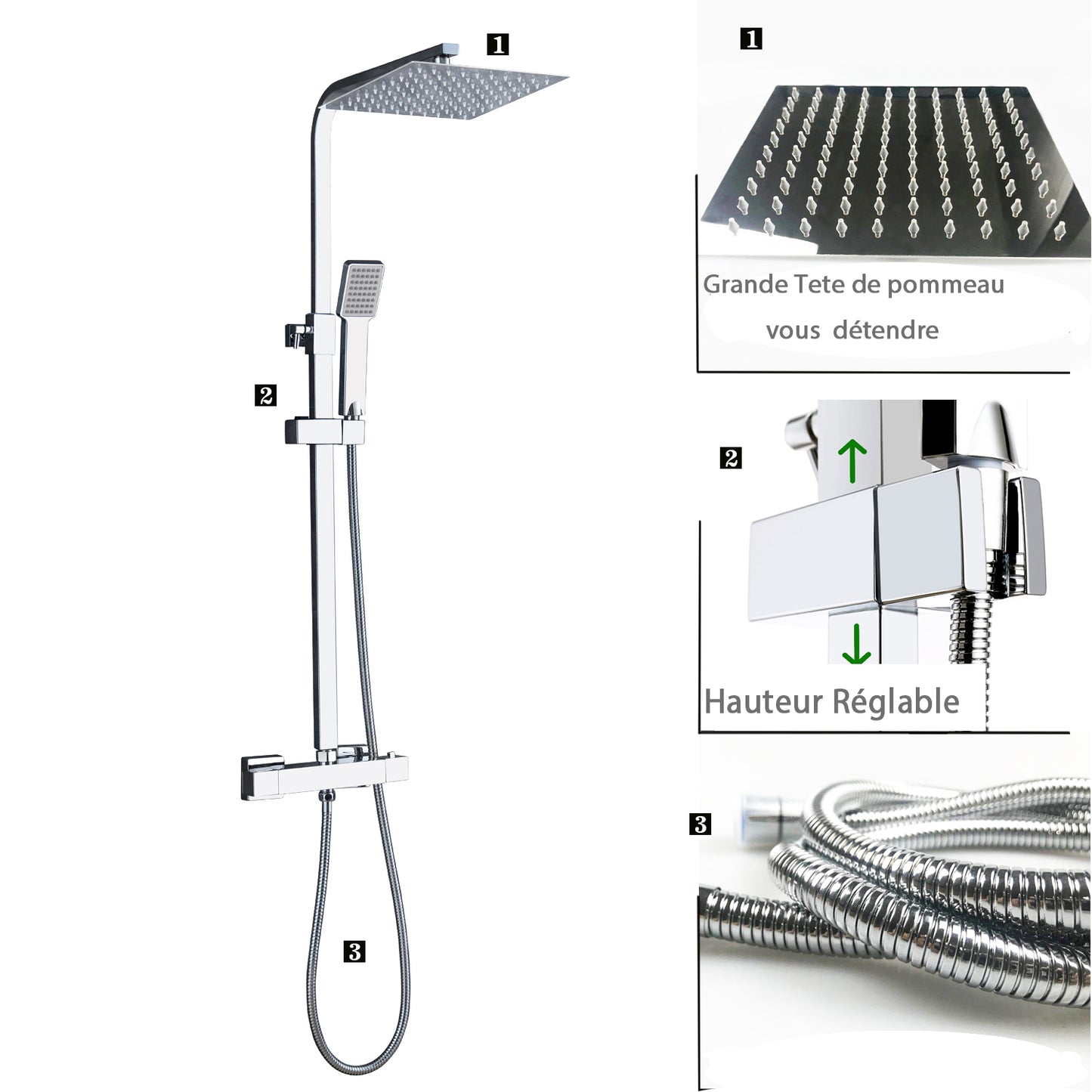 Océan mitigeur de douche thermostatique exposé salle de bain tête double grand ensemble de barre carrée Chrome