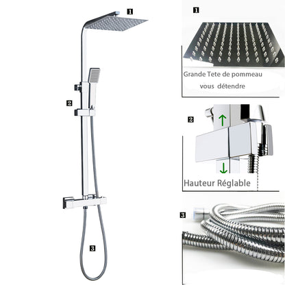 Océan mitigeur de douche thermostatique exposé salle de bain tête double grand ensemble de barre carrée Chrome