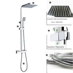 Océan mitigeur de douche thermostatique exposé salle de bain tête double grand ensemble de barre carrée Chrome