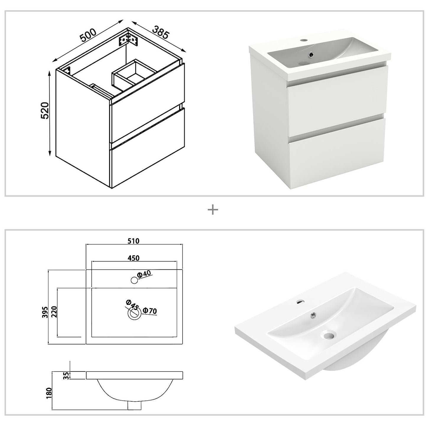 50cm Meuble  salle de bain avec deux tiroirs et vasque artificielle