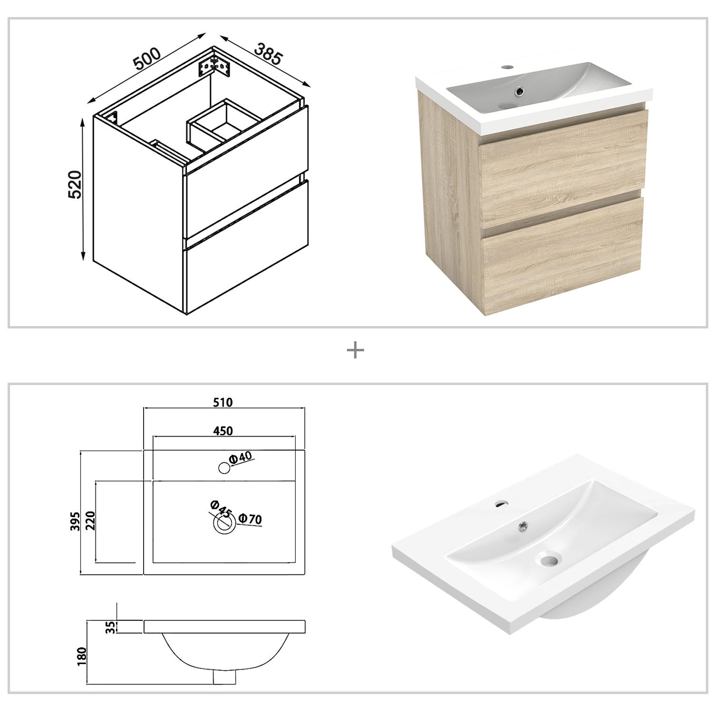 50cm Meuble  salle de bain avec deux tiroirs et vasque artificielle