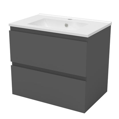 Meuble suspendu avec  2 tirois et vasque en céramique, Meuble couleur blanc mat/ anthracite/ couleur chêne