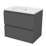 Meuble suspendu avec  2 tirois et vasque en céramique, Meuble couleur blanc mat/ anthracite/ couleur chêne