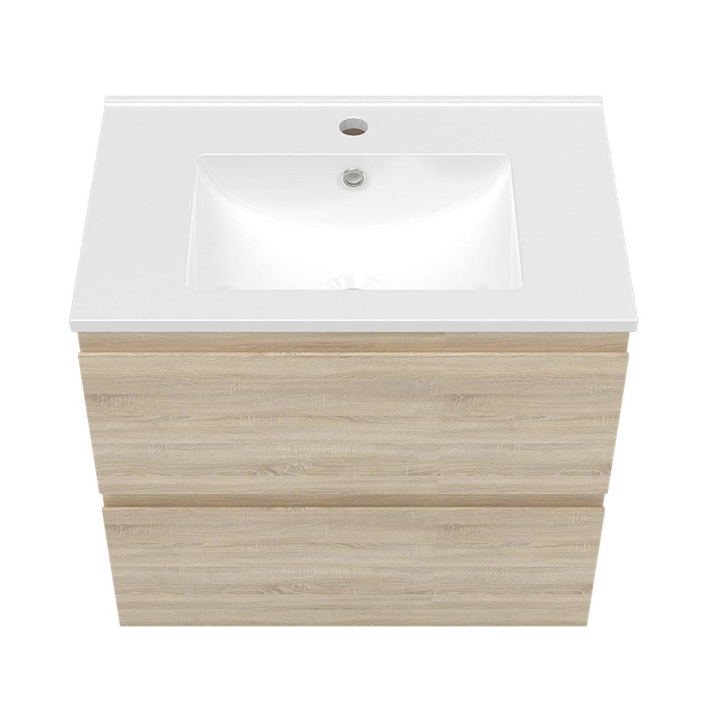 Meuble suspendu avec  2 tirois et vasque en céramique, Meuble couleur blanc mat/ anthracite/ couleur chêne