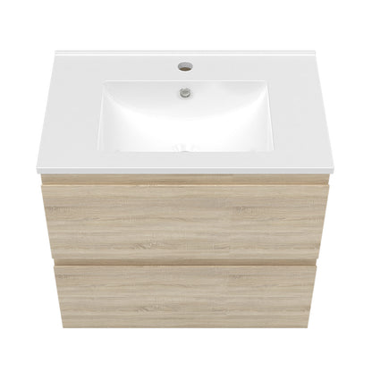 Meuble suspendu avec  2 tirois et vasque en céramique, Meuble couleur blanc mat/ anthracite/ couleur chêne