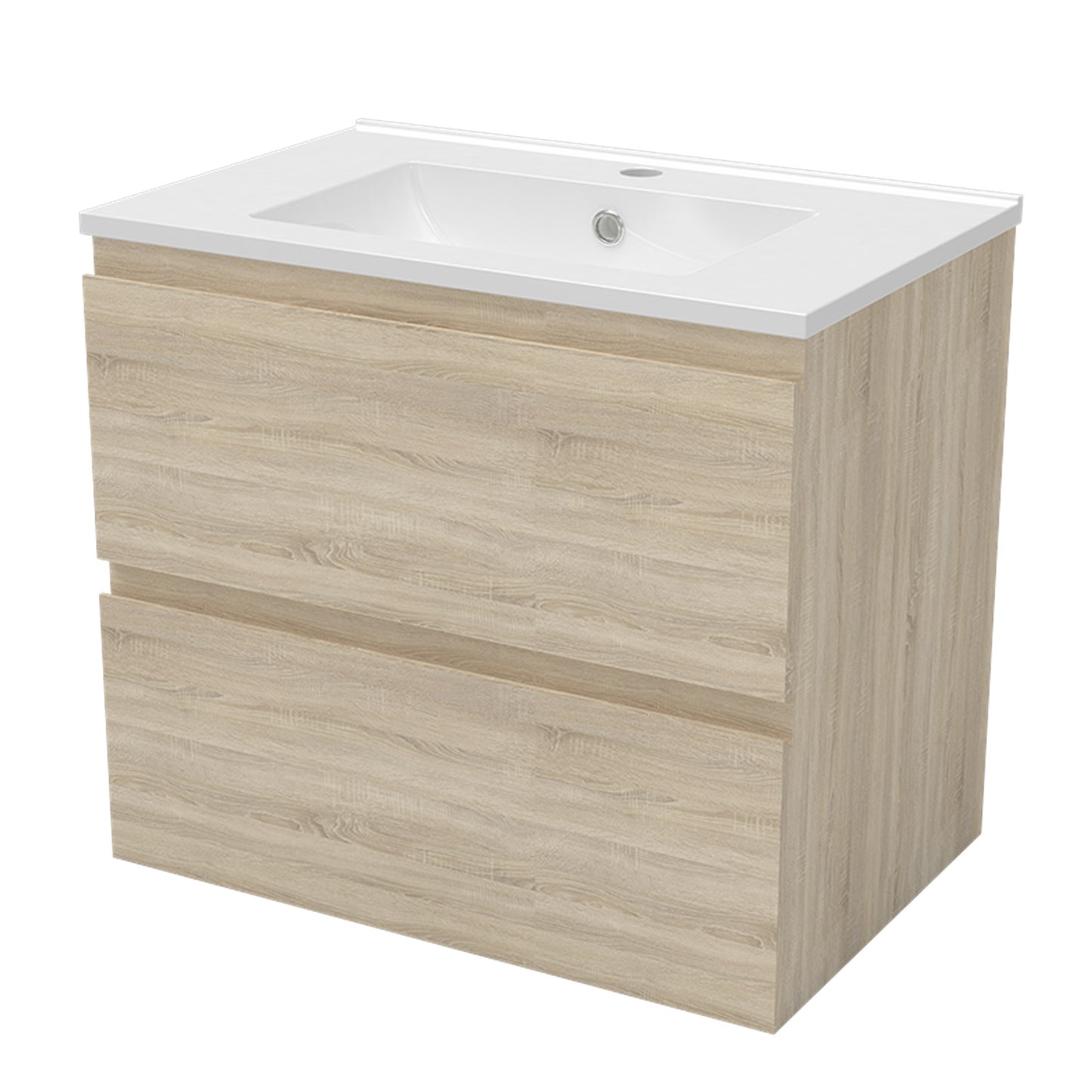 Meuble suspendu avec  2 tirois et vasque en céramique, Meuble couleur blanc mat/ anthracite/ couleur chêne