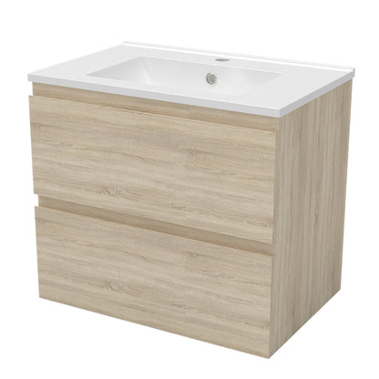 Meuble suspendu avec  2 tirois et vasque en céramique, Meuble couleur blanc mat/ anthracite/ couleur chêne