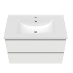 Meuble de salle de bain, Meuble blanc mat/ anthracite/bois clair avec 2 tiroirs & plan vasque en céramique