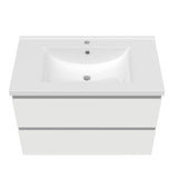 Meuble de salle de bain, Meuble blanc mat/ anthracite/bois clair avec 2 tiroirs & plan vasque en céramique