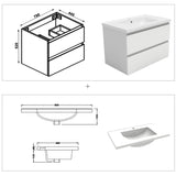 Meuble de salle de bain, Meuble blanc mat/ anthracite/bois clair avec 2 tiroirs & plan vasque en céramique