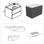Meuble de salle de bain, Meuble blanc mat/ anthracite/bois clair avec 2 tiroirs & plan vasque en céramique