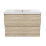 Meuble de salle de bain, Meuble blanc mat/ anthracite/bois clair avec 2 tiroirs & plan vasque en céramique