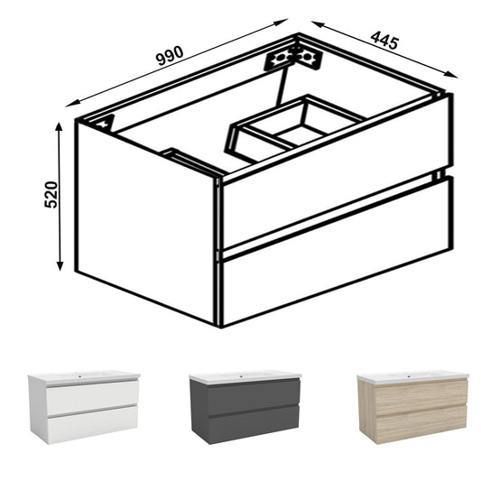 Meuble avec un plan vasque en céramique, Meuble suspendu, couleur blanc/anthracite/bois clair