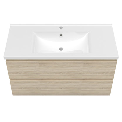 Meuble avec un plan vasque en céramique, Meuble suspendu, couleur blanc/anthracite/bois clair