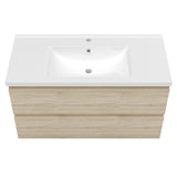 Meuble avec un plan vasque en céramique, Meuble suspendu, couleur blanc/anthracite/bois clair
