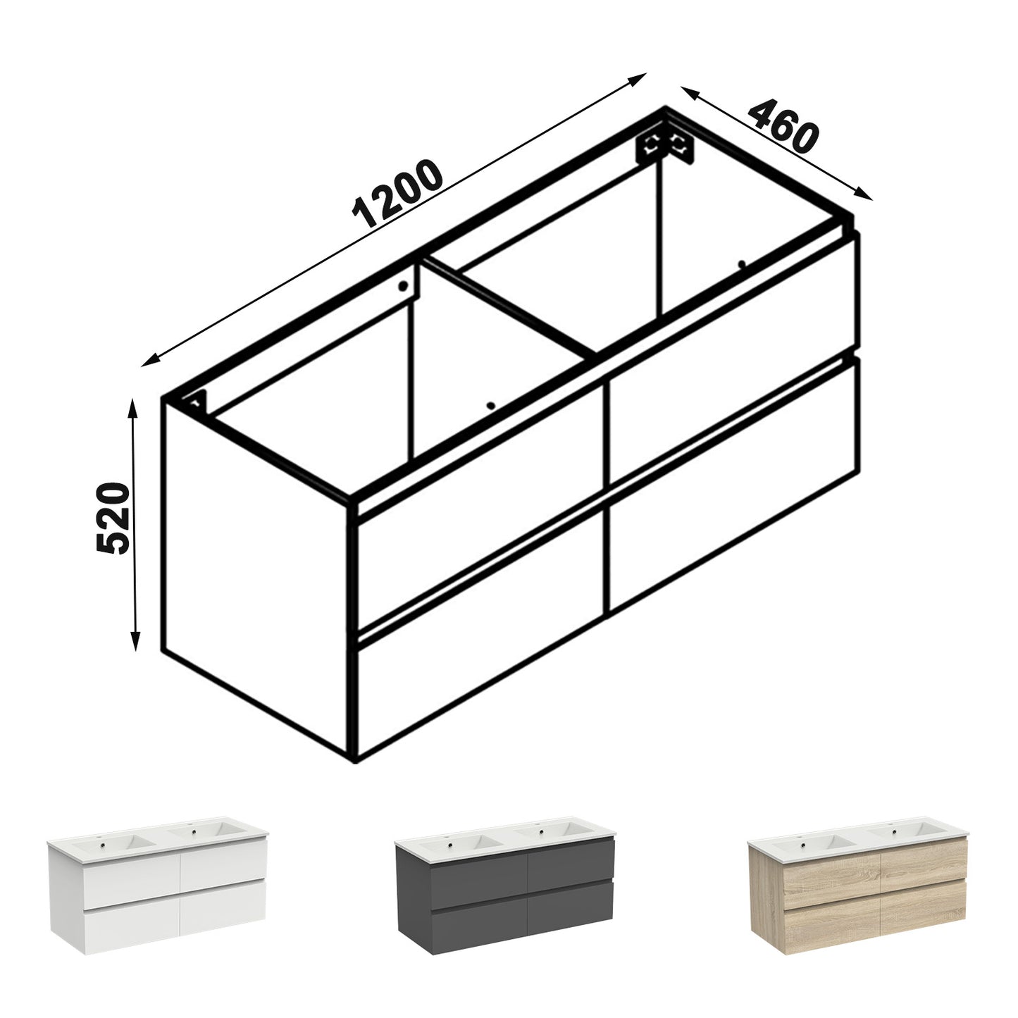 Meuble couleur blanc mat/ anthracite/ bois clair de salle de bain suspend avec 4 titoirs et double vasques (en céramique)