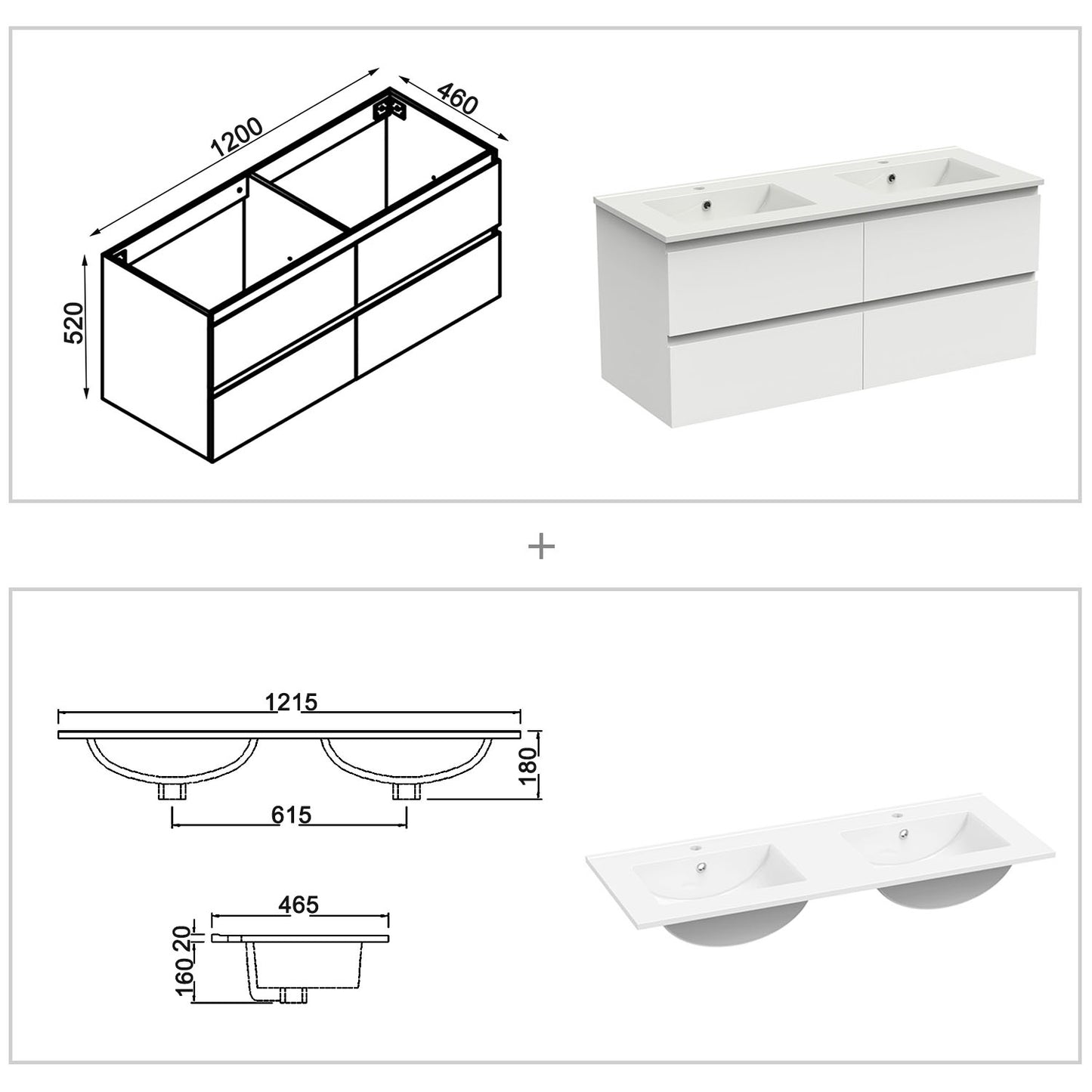 Meuble couleur blanc mat/ anthracite/ bois clair de salle de bain suspend avec 4 titoirs et double vasques (en céramique)