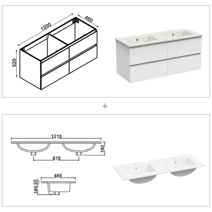 Meuble couleur blanc mat/ anthracite/ bois clair de salle de bain suspend avec 4 titoirs et double vasques (en céramique)
