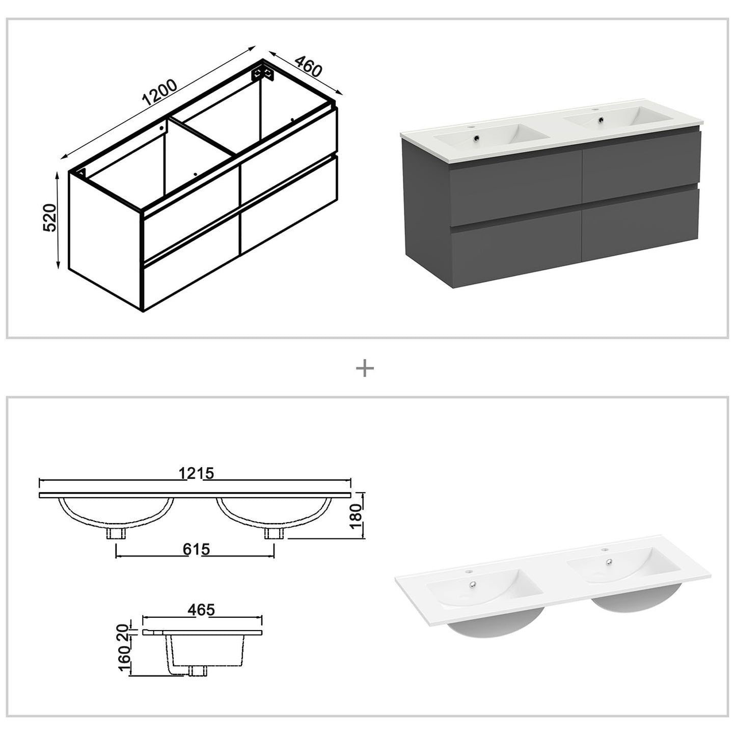Meuble couleur blanc mat/ anthracite/ bois clair de salle de bain suspend avec 4 titoirs et double vasques (en céramique)
