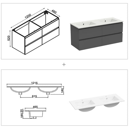 Meuble couleur blanc mat/ anthracite/ bois clair de salle de bain suspend avec 4 titoirs et double vasques (en céramique)