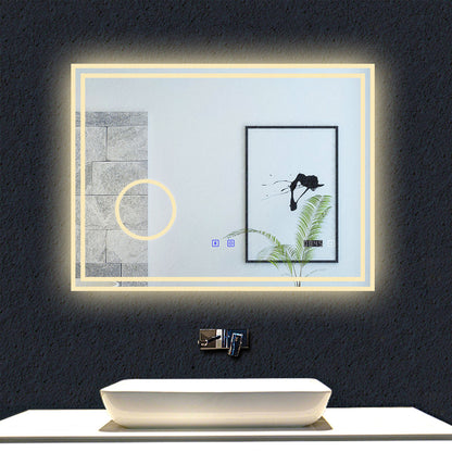 Miroir Bluetooth simple  tactile tricolore avec antibuée, horloge et miroir grossissant 3X, suspendu horizontalement 80/100/120/140/160CM