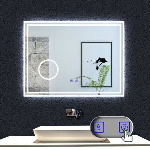 LED simple bluetooth tricolore anti-buée miroir tactile avec miroir grossissant 3X,suspendu horizontalement 80/100/120/140/160cm