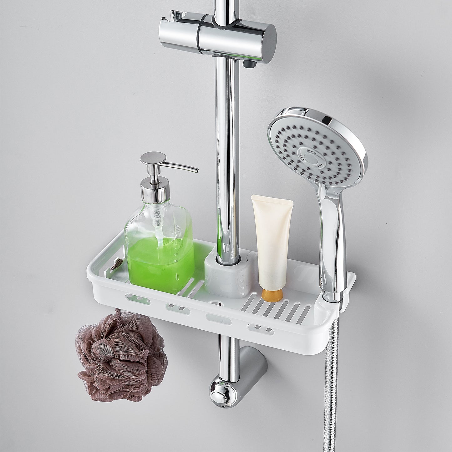 Barre de Douche Pommeau de Douche Ensemble de Douche Chromé +Carré Etagère Panier de douche