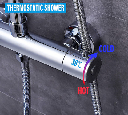 Colonne de Douche Thermostatique Réglable en Hauteur Colonne de Douche Mecanique Kit Set de Douche en Laiton Chromé Solide