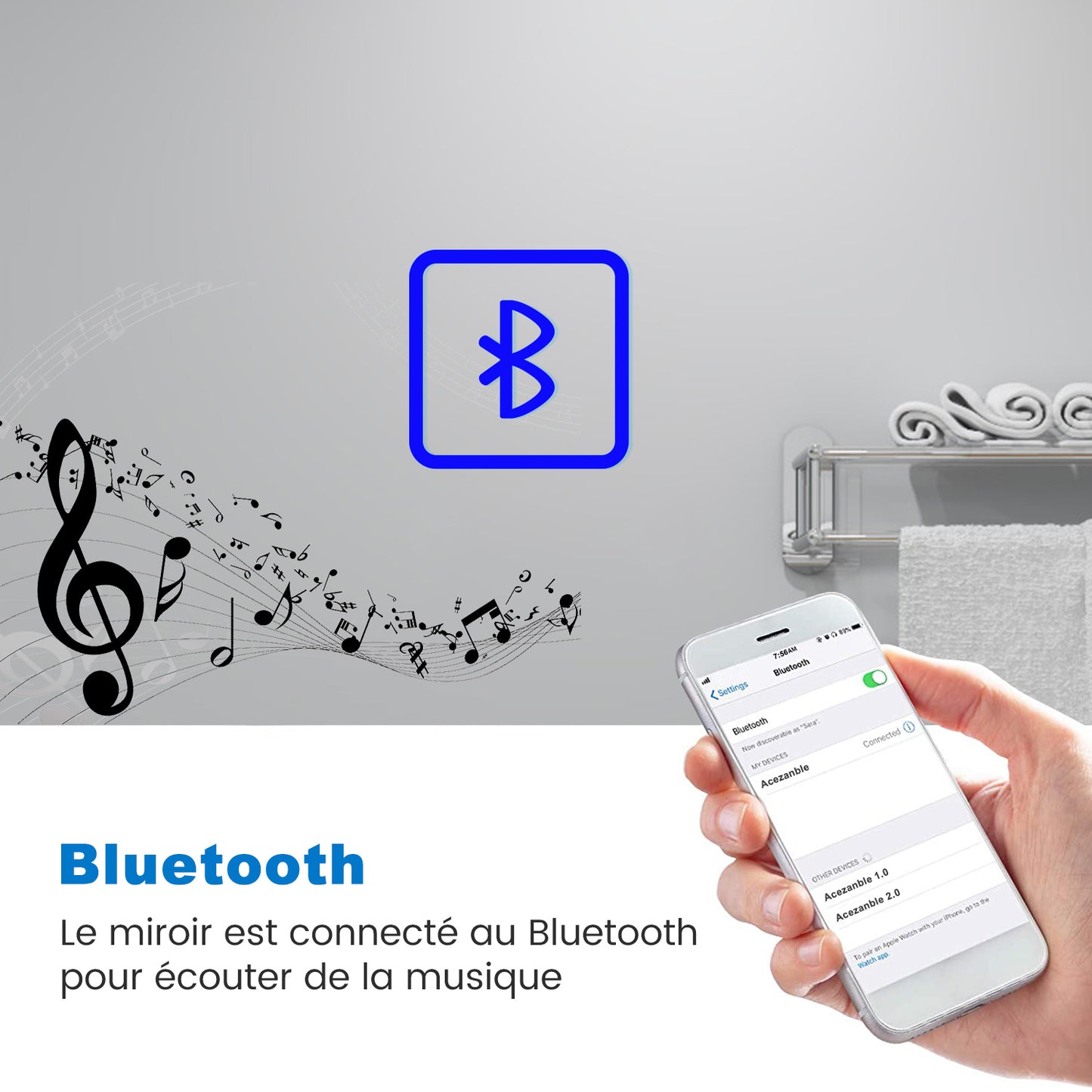 Miroir tactile Bluetooth simple tricolore avec antibuée suspendu horizontalement 70/80/100/120/140/160cm