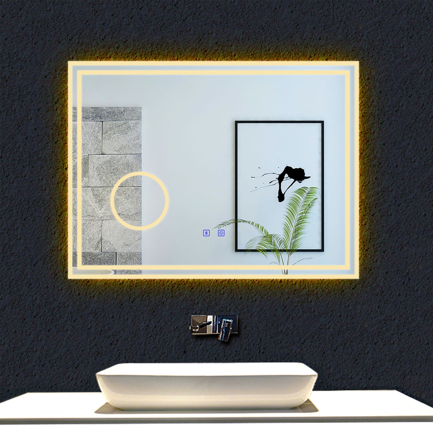 LED simple bluetooth tricolore anti-buée miroir tactile avec miroir grossissant 3X,suspendu horizontalement 80/100/120/140/160cm