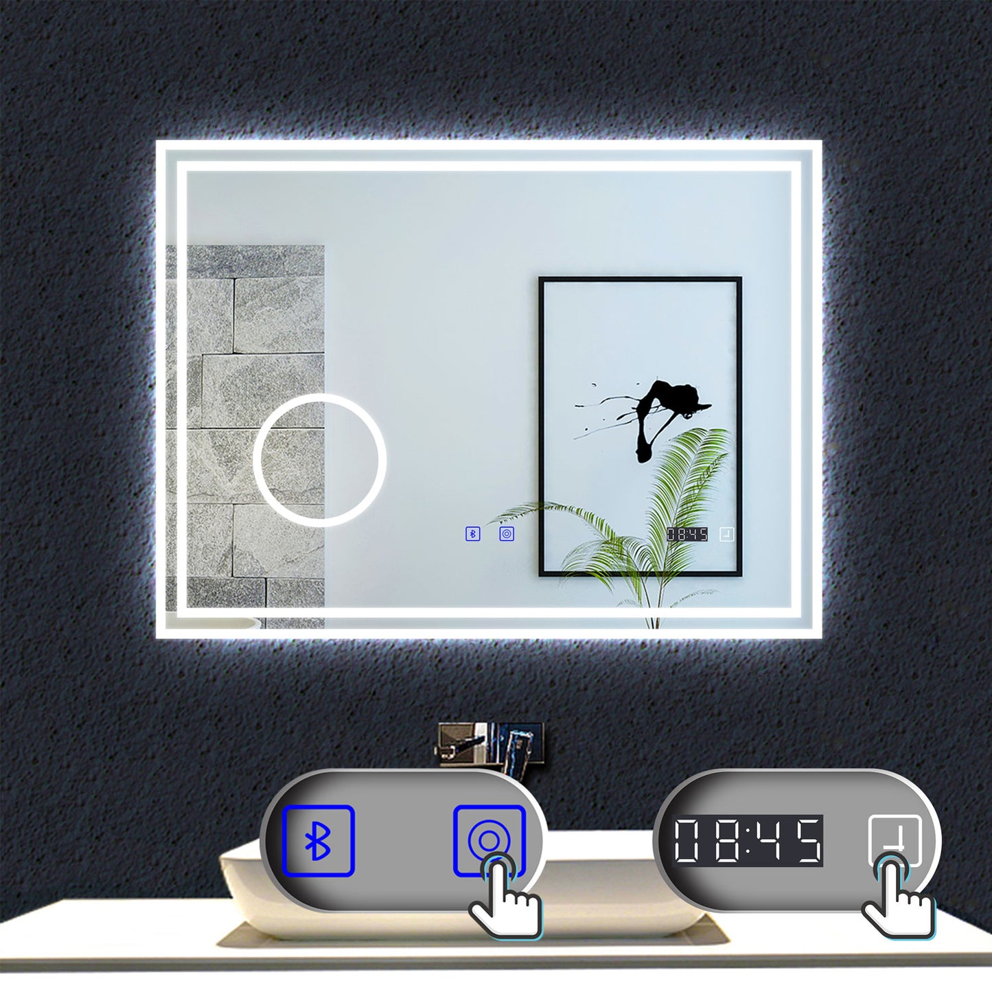 Miroir Bluetooth simple  tactile tricolore avec antibuée, horloge et miroir grossissant 3X, suspendu horizontalement 80/100/120/140/160CM