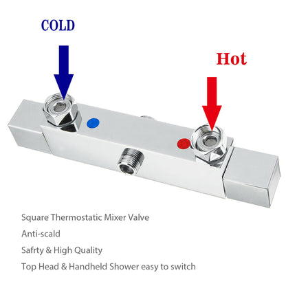 Colonne de douche thermostatique exposé salle de bain tête double grand ensemble de barre carrée Chrome