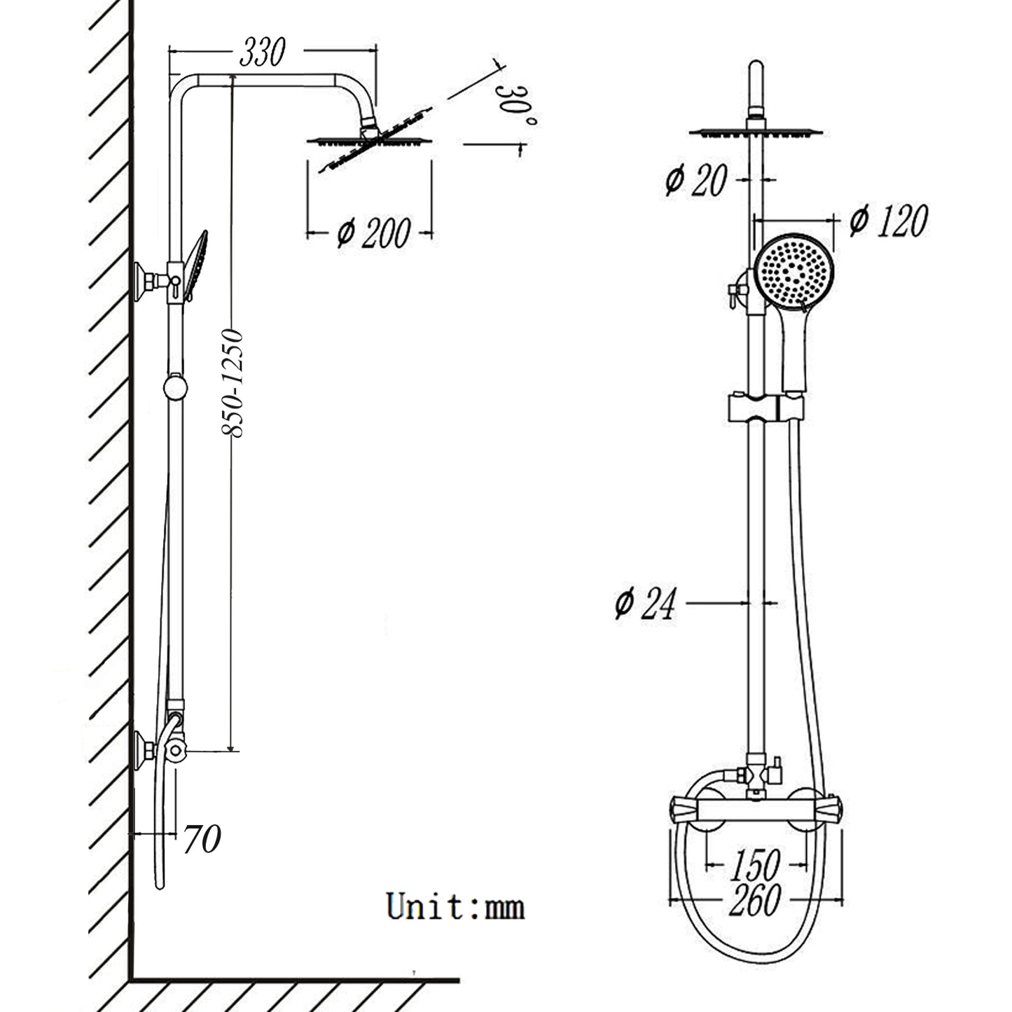 Colonne de Douche Thermostatiaue avec 1.5M Tuyau de Douche en Acier Inoxyable Le Robinet Rmostatic et Chrome Lumineux