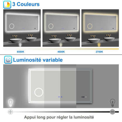 Miroir Bluetooth simple  tactile tricolore avec antibuée, horloge et miroir grossissant 3X, suspendu horizontalement 80/100/120/140/160CM