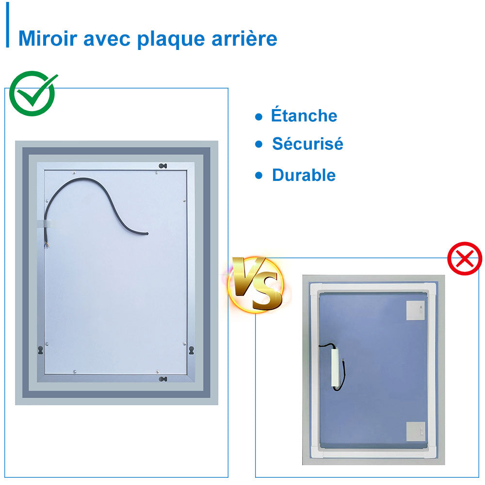 Miroir de salle de bain à 2 touches tactiles, avec fonction LED et anti-buée
