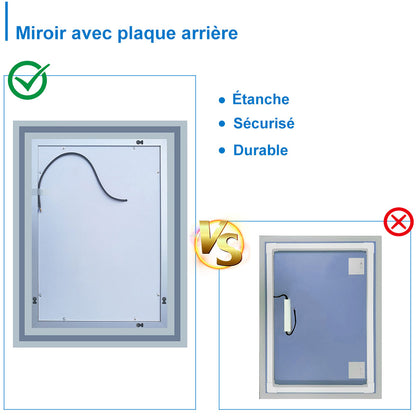 Miroir de salle de bain à 2 touches tactiles, avec fonction LED et anti-buée