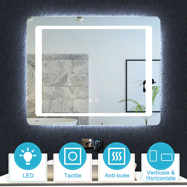 Miroir de salle de bain à 2 touches tactiles, avec fonction LED et anti-buée, modèle Standard