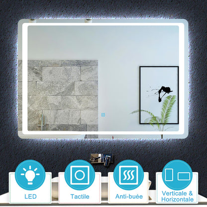 Miroir de salle de bain, commutateur tactile, avec fonction LED et anti-buée, Modèle standard