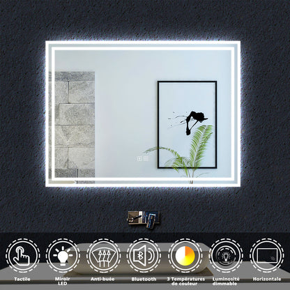 Miroir tactile Bluetooth simple tricolore avec antibuée suspendu horizontalement 70/80/100/120/140/160cm