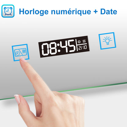 Ocean Miroir salle de bain LED avec éclairag + miroir mural cosmétique lumineux + anti-buée + Horloge numérique et date + Vertical
