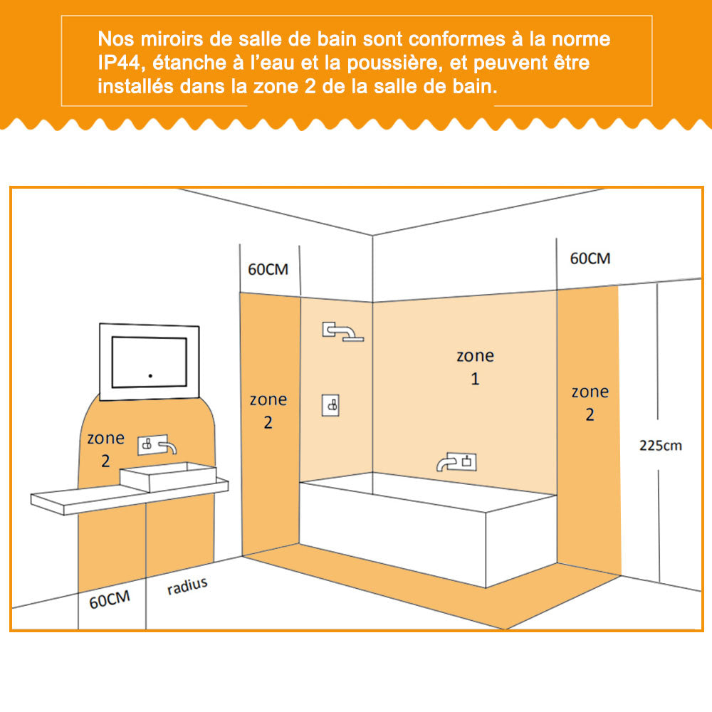 Ocean Miroir salle de bain LED avec éclairag + miroir mural cosmétique lumineux + anti-buée + Horloge numérique et date + Vertical